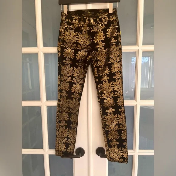 Velvet Stamped Gold Baroque print jeans, 7 For All Mankind - Picture 1 of 12